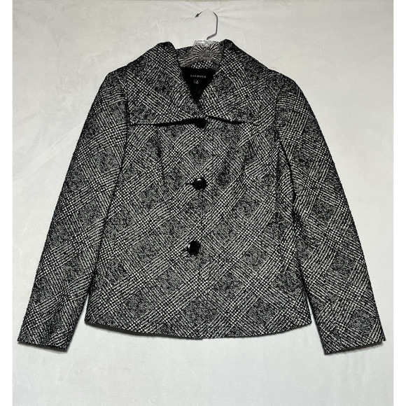 Talbots Tweed Wool Blend Coat Jacket Size 8 Black Metallic Plaid Button Up Short - Picture 1 of 13
